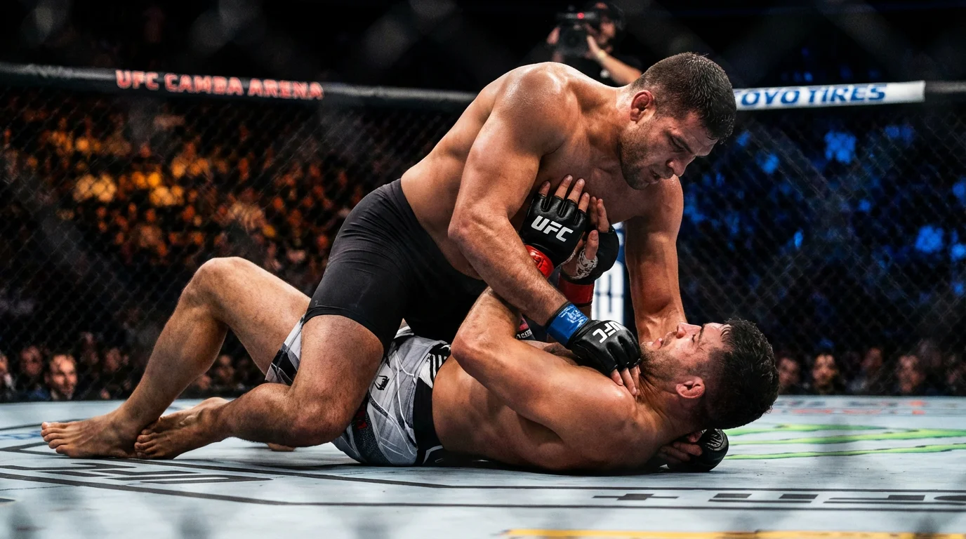 UFC-Kämpfer im Octagon: Grappler kontrolliert einen Striker am Boden - symbolisch für Style-Matchup-Analyse bei MMA-Wetten