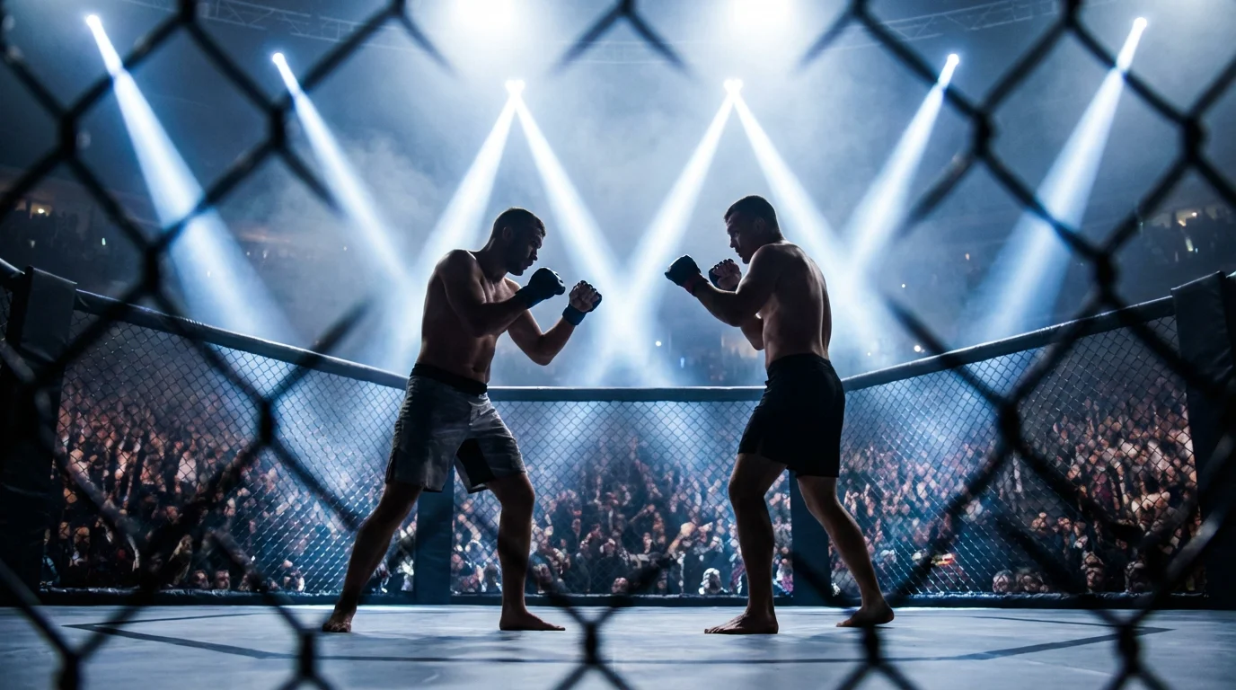 MMA-Kämpfer im Octagon unter dramatischer Arenabeleuchtung als Symbol für Bellator, PFL und ONE Wetten