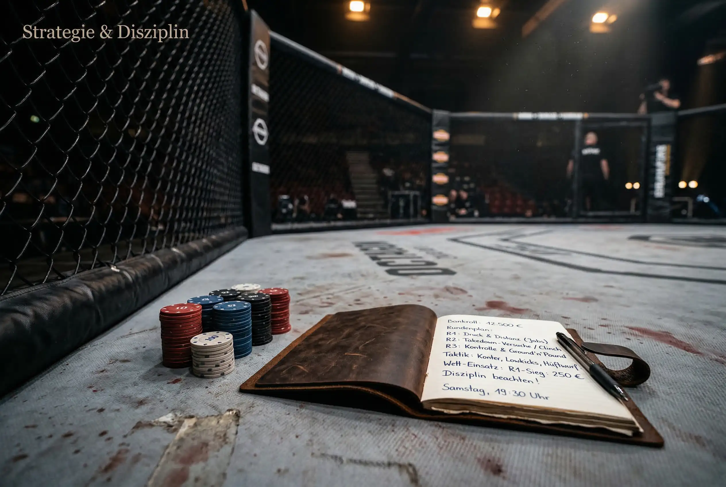 MMA-Kämpfer im Octagon mit symbolischer Darstellung von Einsatzplanung und Bankroll-Management für UFC-Wetten