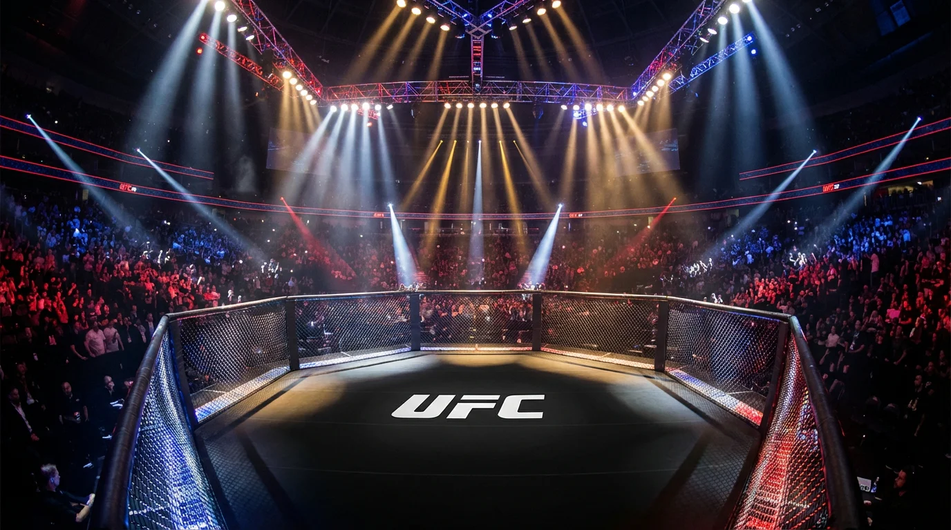 UFC-Oktagon unter dramatischer Beleuchtung in einer großen Arena, bereit für einen Kampfabend