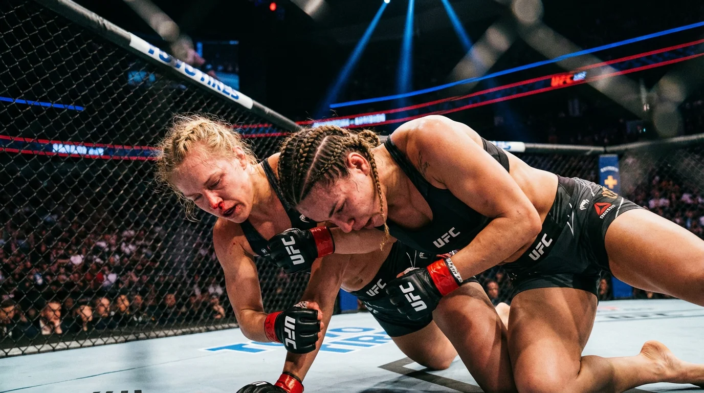 UFC-Kämpferin im Oktagon unter dramatischer Beleuchtung während eines MMA-Kampfes