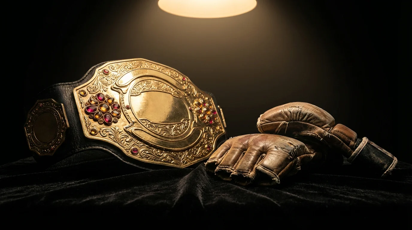 Goldener MMA-Championship-Gürtel auf schwarzem Samt neben Kampfhandschuhen