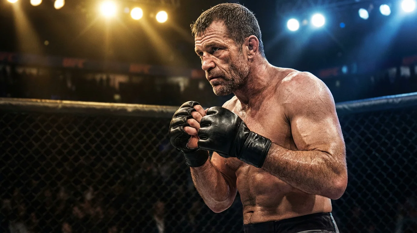 Erfahrener MMA-Kämpfer im Octagon unter dramatischer Beleuchtung, der Stärke und Kampferfahrung ausstrahlt