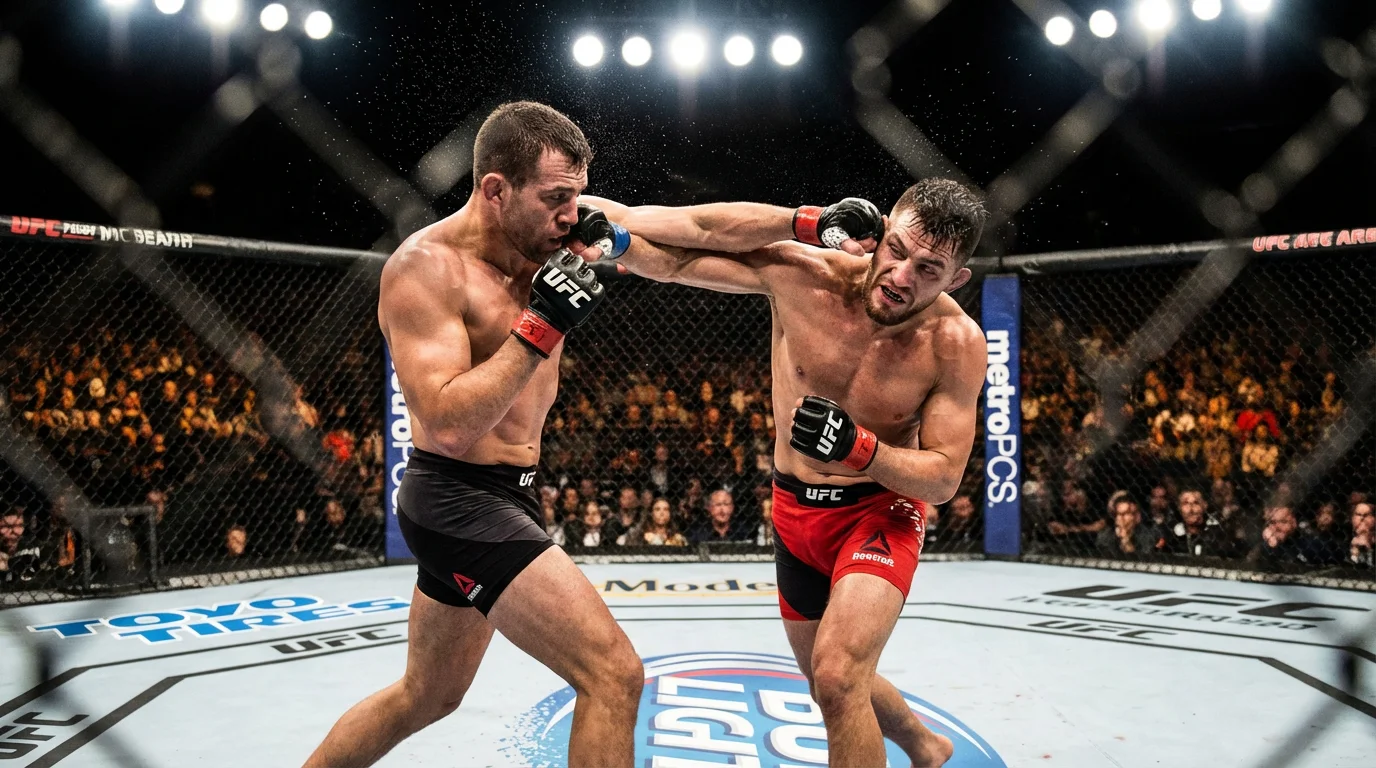 MMA-Kämpfer im Octagon während eines UFC-Kampfes mit dramatischer Beleuchtung, symbolisch für datengestützte Kampfanalyse