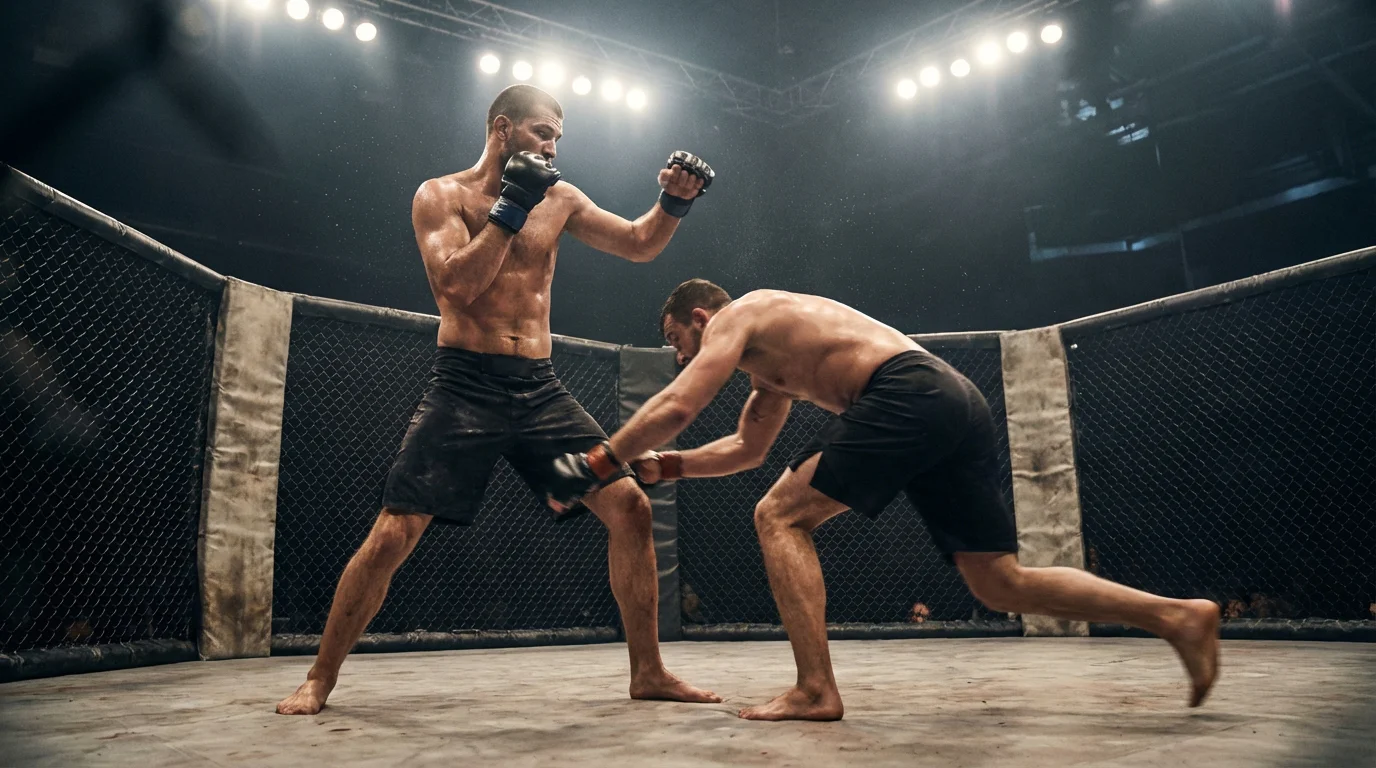 Zwei MMA-Kämpfer im Octagon - einer in Schlagposition, der andere bereitet einen Takedown vor
