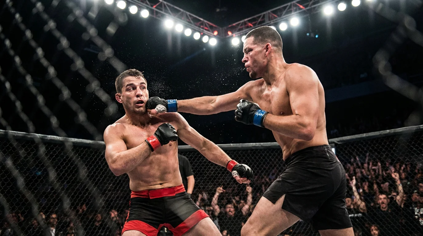 Ein MMA-Kämpfer im Octagon wird von einem überraschenden Schlag getroffen - symbolisch für das Upset-Risiko bei UFC Kombiwetten