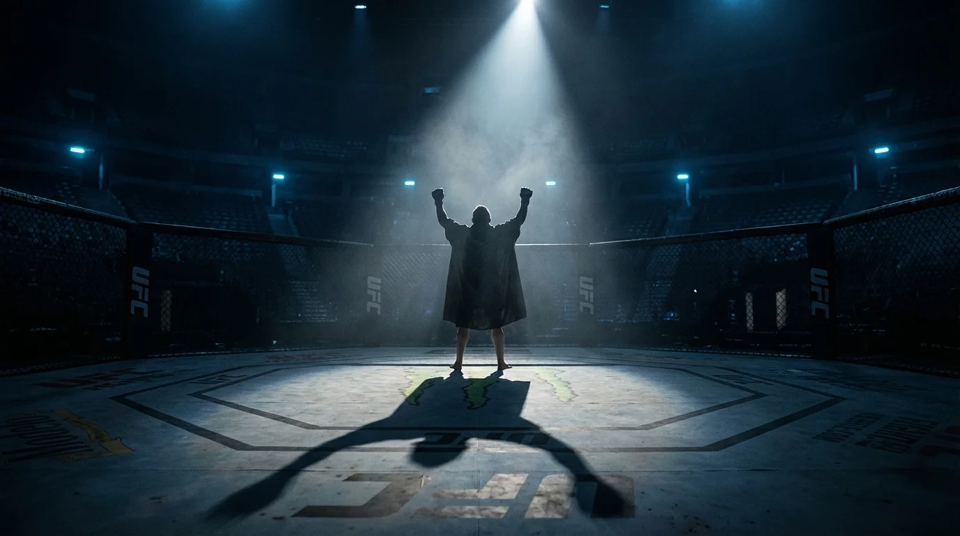 Dramatisch beleuchtetes UFC-Oktagon mit einem einsamen MMA-Kämpfer, der die Atmosphäre historischer UFC-Kämpfe widerspiegelt