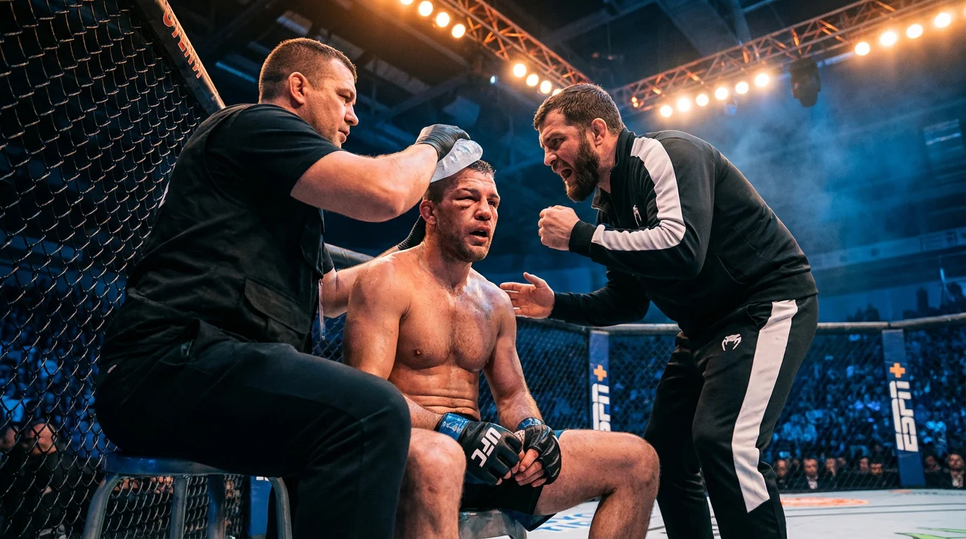 UFC-Kämpfer sitzt auf dem Hocker in der Rundenpause während sein Corner-Team ihn betreut, dramatische Octagon-Beleuchtung