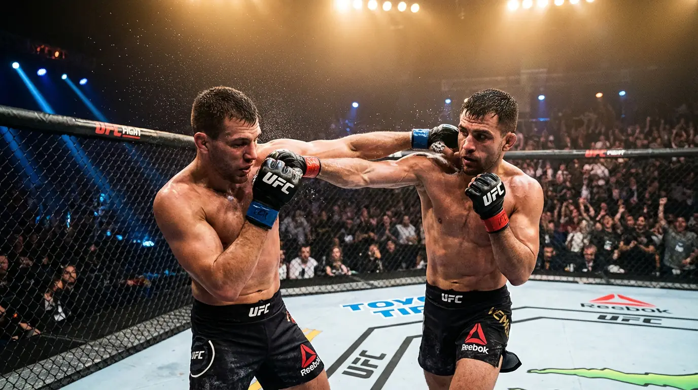 UFC-Kämpfer im Oktagon unter dramatischer Beleuchtung, der einen kraftvollen Schlag ausführt