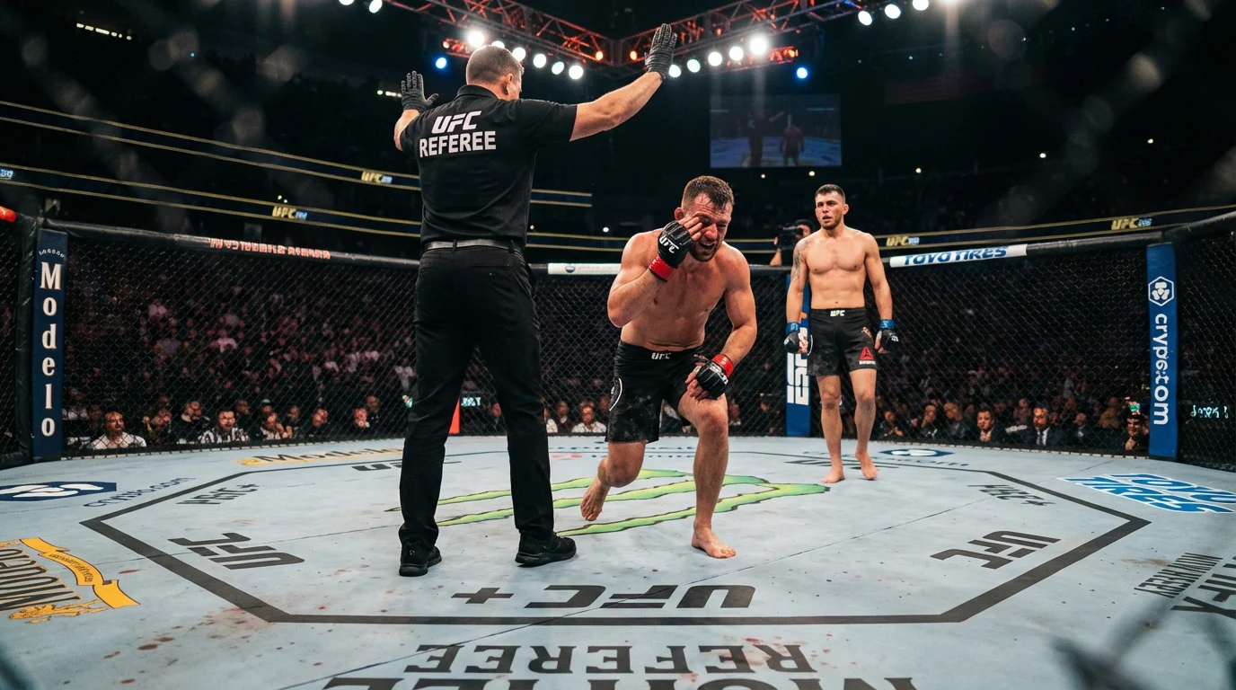 UFC-Referee im Oktagon hebt die Hände, um einen Kampf als No Contest zu erklären, während zwei Kämpfer getrennt werden