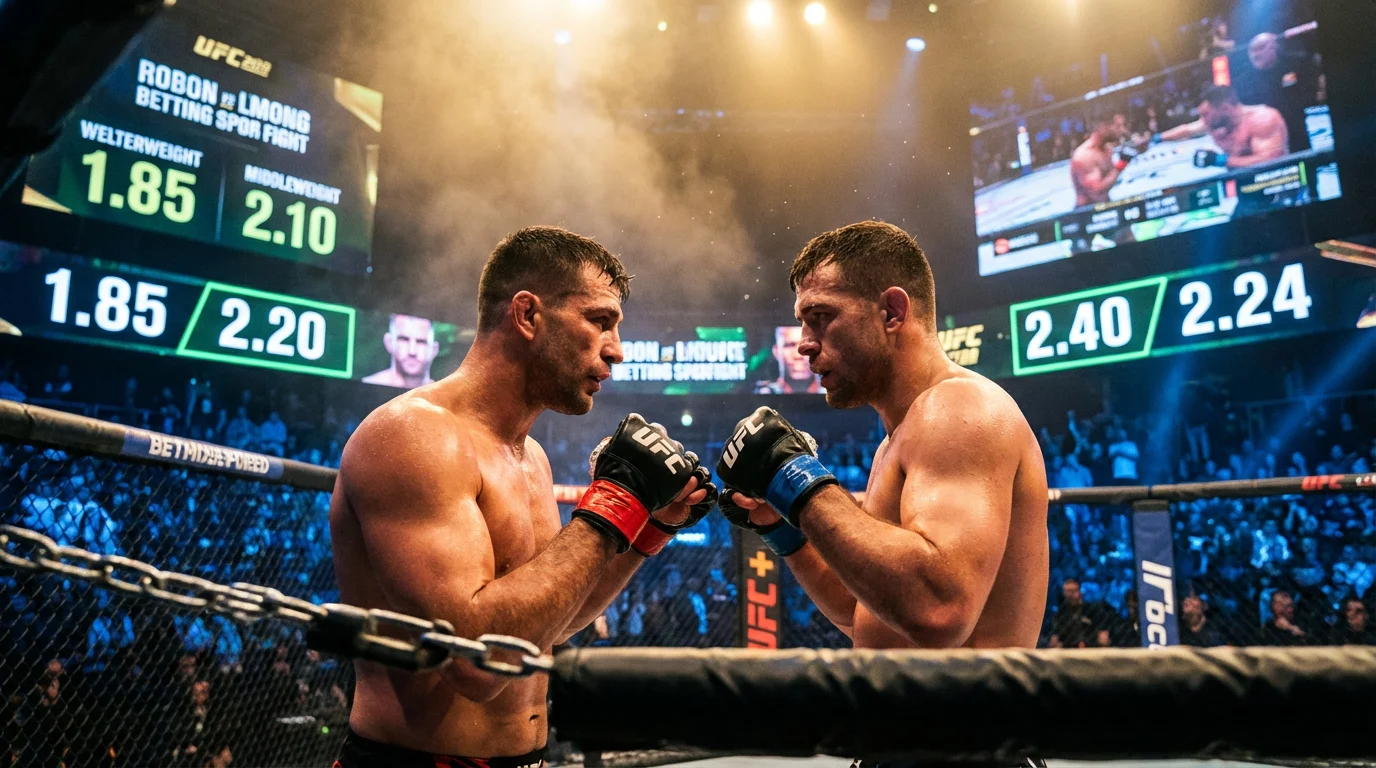 UFC-Kämpfer im Oktagon mit mehreren Bildschirmen im Hintergrund, die verschiedene Wettquoten anzeigen - symbolisch für den Quotenvergleich bei UFC-Wetten