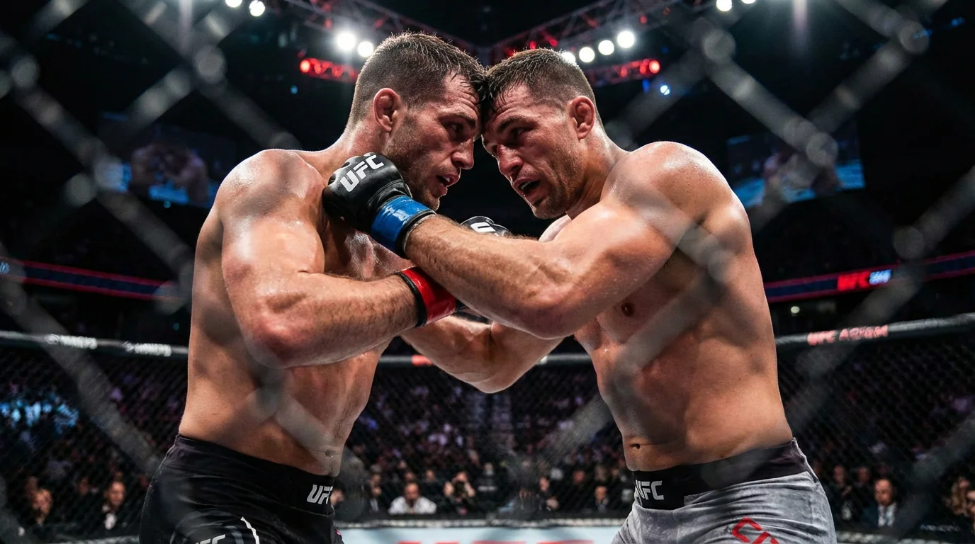 UFC-Kämpfer im Octagon während eines intensiven MMA-Kampfes mit dramatischer Beleuchtung