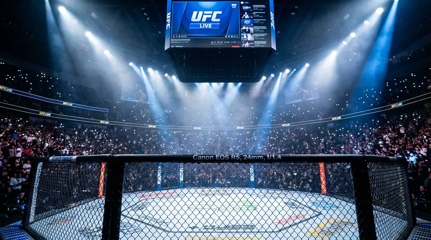 UFC-Oktagon in einer Arena mit dramatischer Beleuchtung, bereit für einen Live-Kampf auf Paramount+ in Deutschland