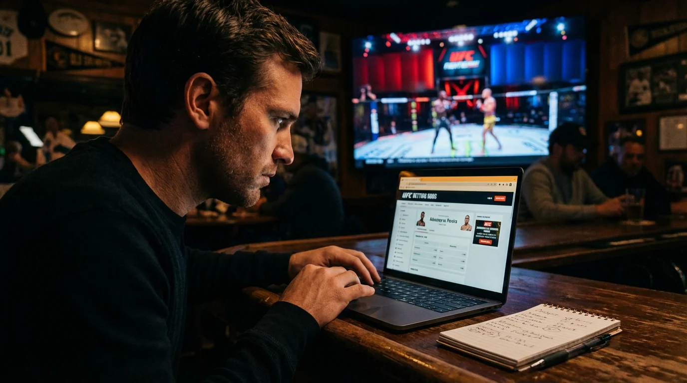 Nahaufnahme eines UFC-Fans der auf einem Laptop UFC-Wettquoten studiert, mit einem beleuchteten Oktagon im Hintergrund