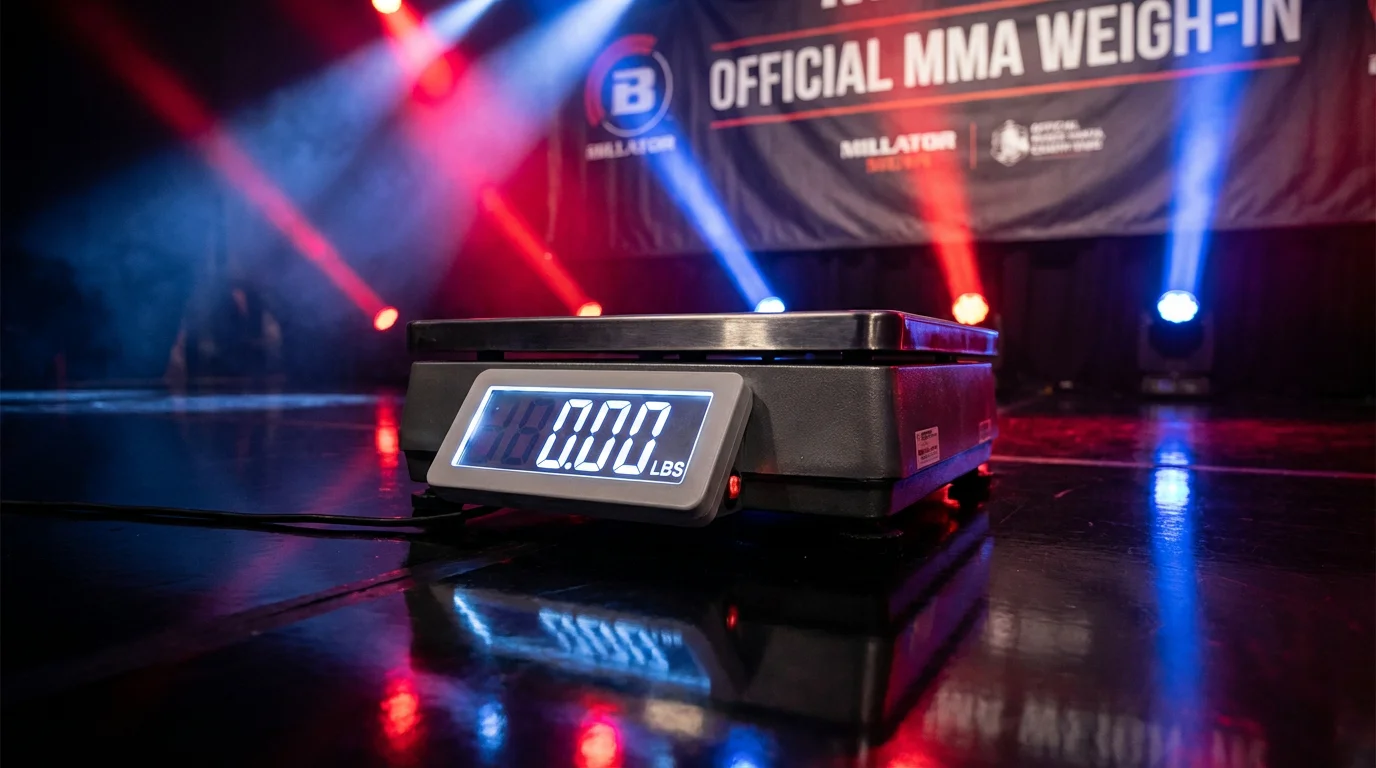 Nahaufnahme einer MMA-Waage beim offiziellen UFC-Wiegen mit dramatischer Beleuchtung