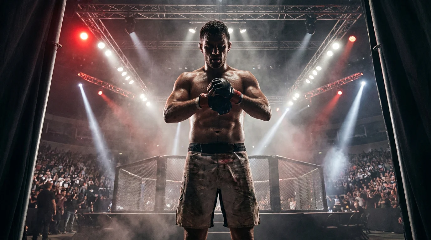 UFC-Kämpfer betritt kurzfristig das Octagon als Ersatzkämpfer unter dramatischer Arenabeleuchtung
