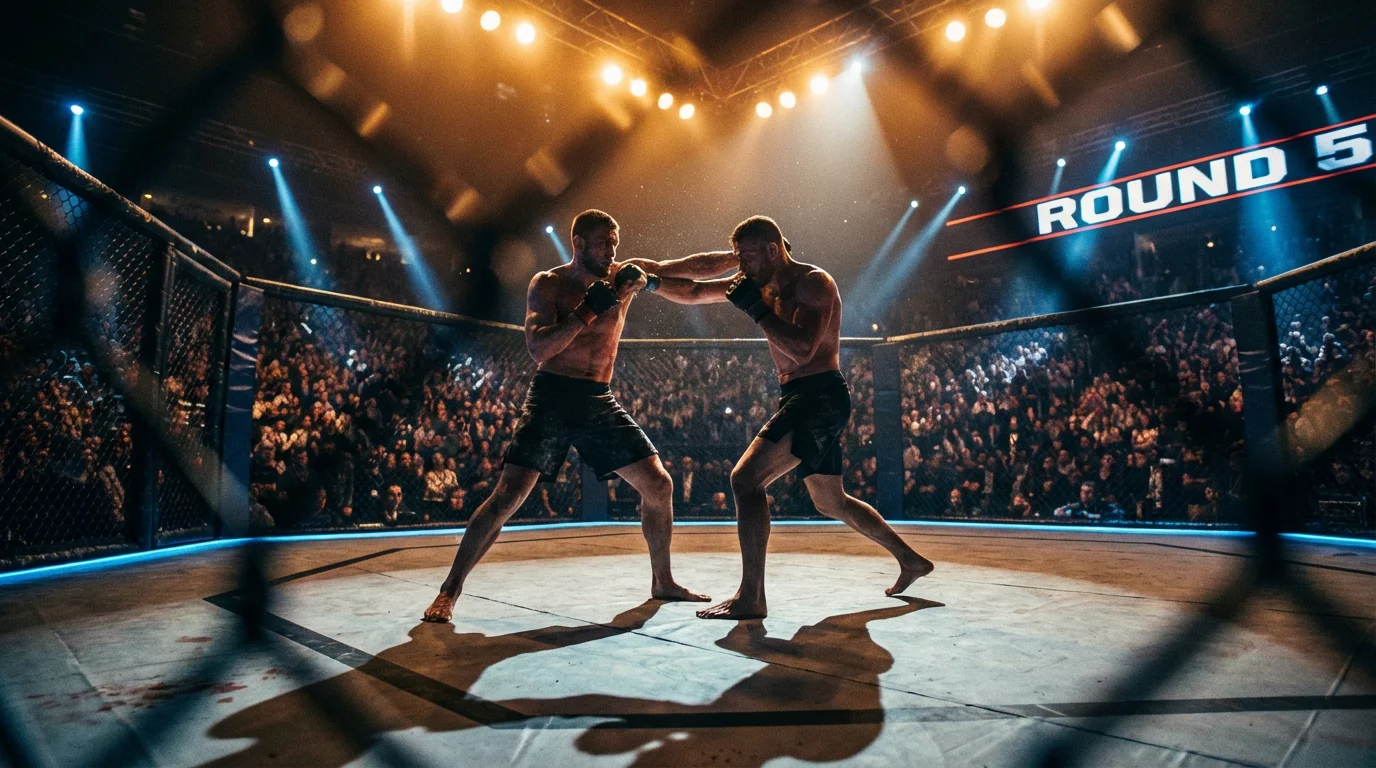 UFC Titelkampf im Oktagon mit zwei MMA-Kämpfern in den späten Championship Rounds unter dramatischer Arenabeleuchtung