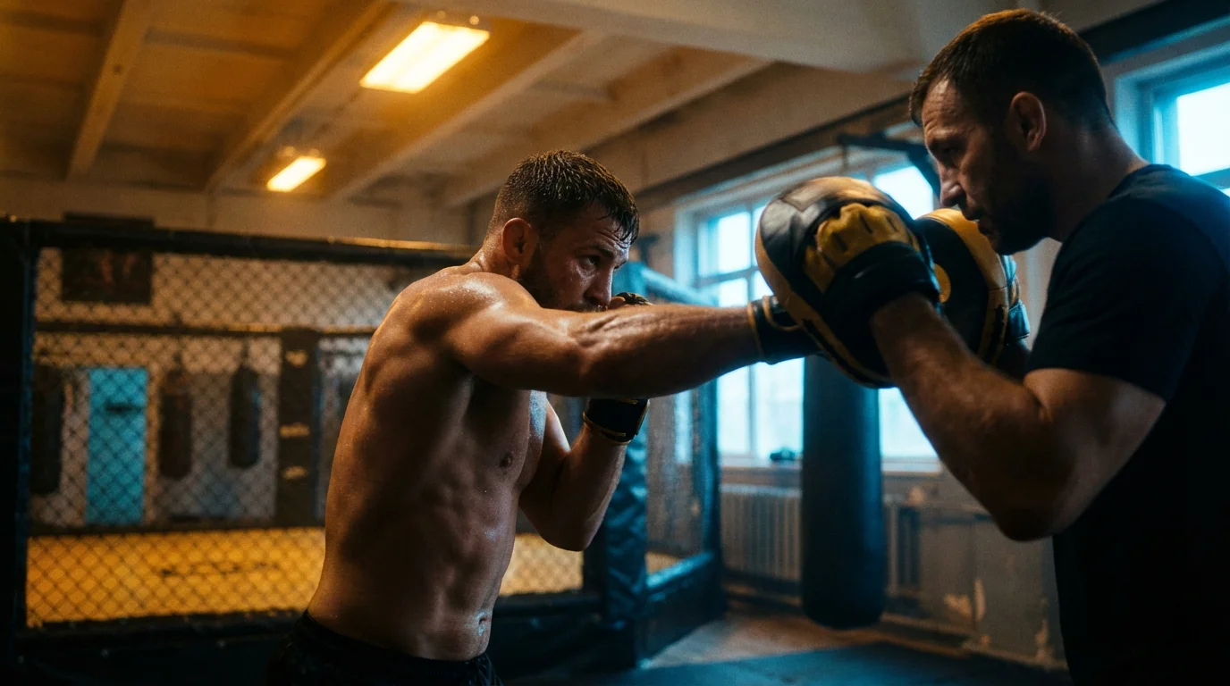 MMA-Kämpfer trainiert in einem neuen Gym mit seinem Trainer, der Pratzen hält - symbolisch für einen Camp-Wechsel im UFC