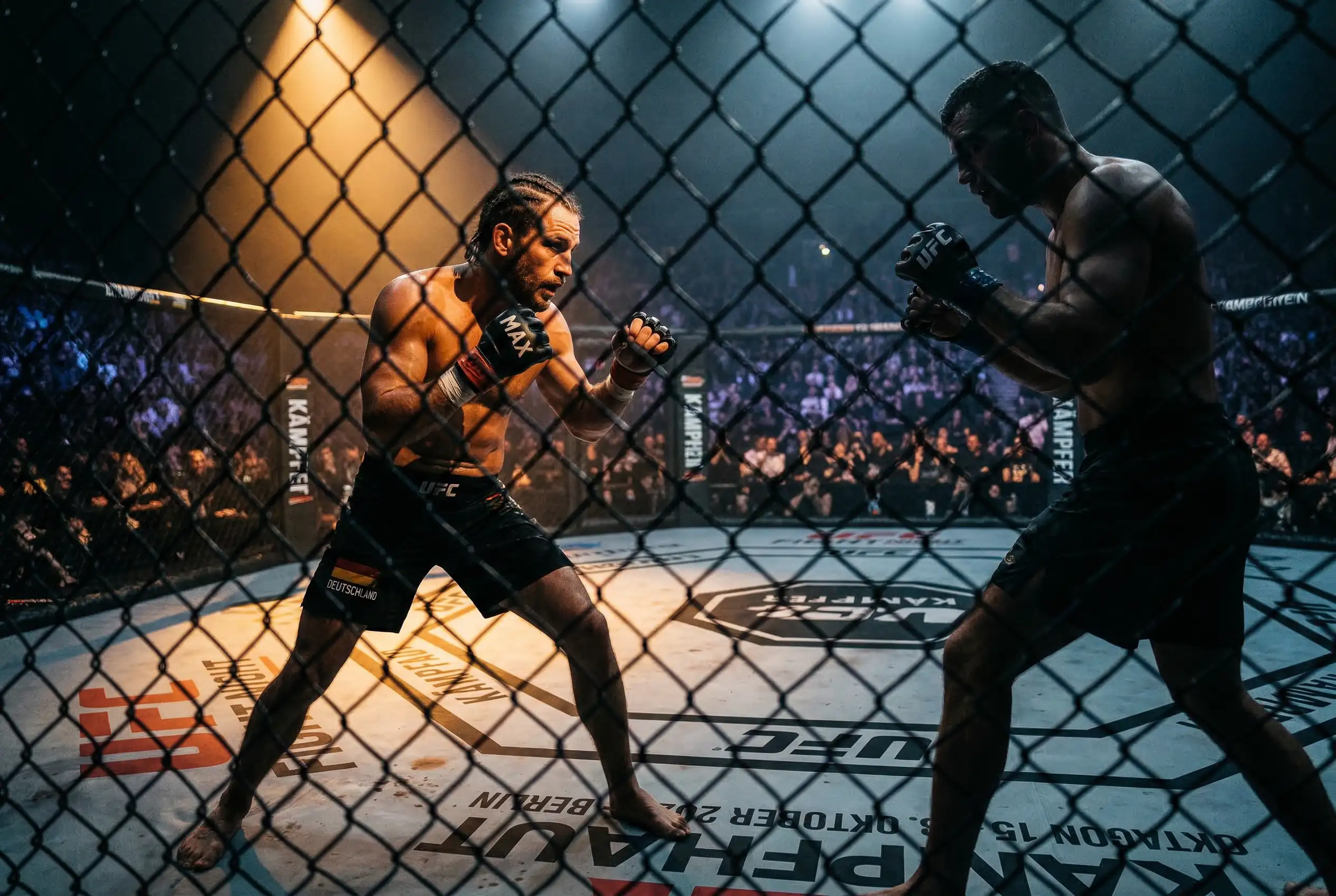 UFC-Kämpfer im Octagon mit dramatischer Beleuchtung, symbolisch für die Analyse fehlbewerteter Wettquoten