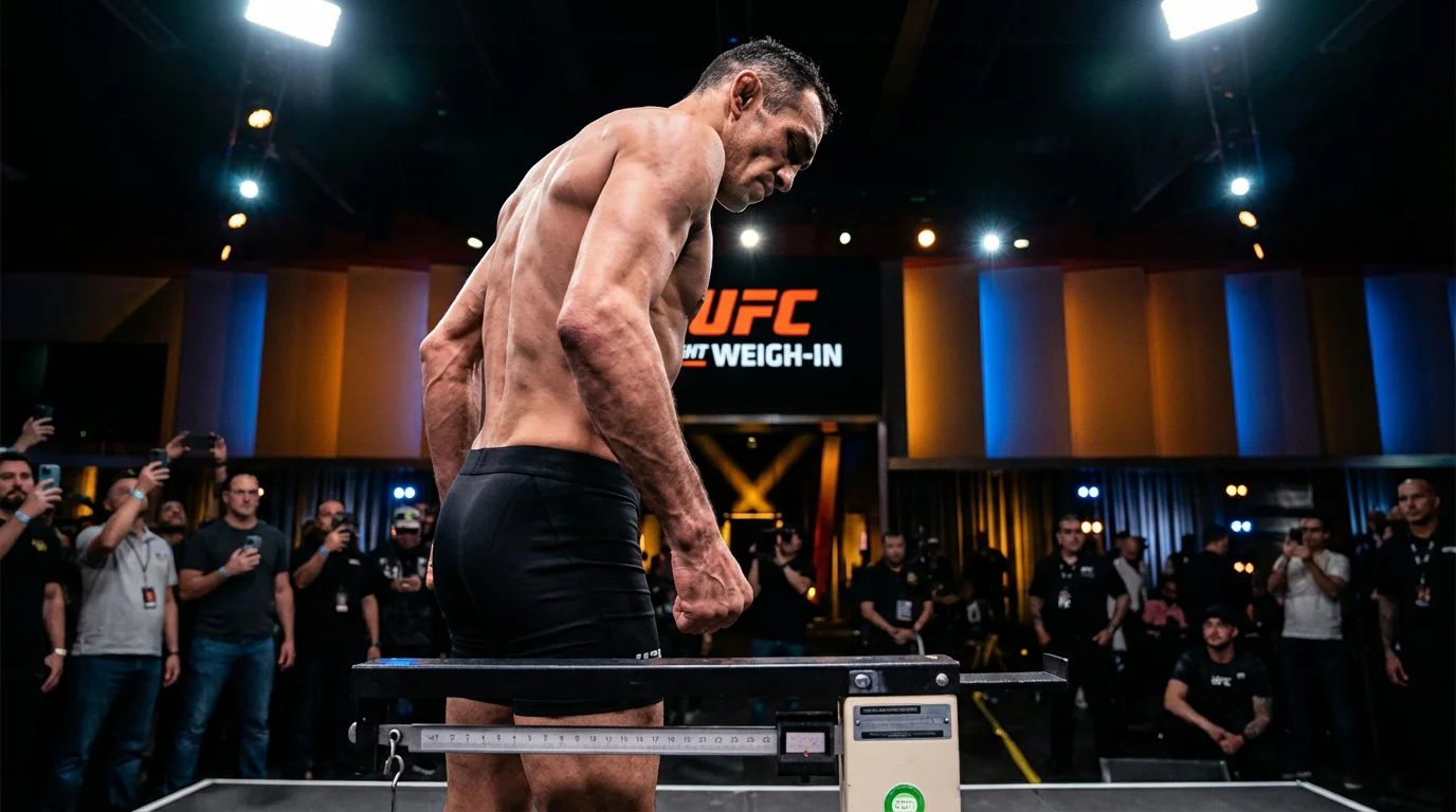 UFC-Kämpfer steht konzentriert auf der Waage beim offiziellen Wiegen vor dem Kampf