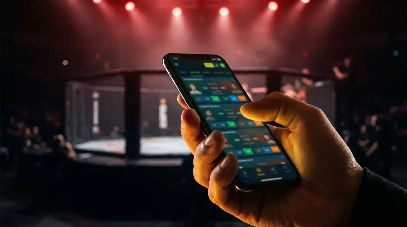 Smartphone zeigt UFC-Wettquoten vor einem MMA-Octagon im Hintergrund