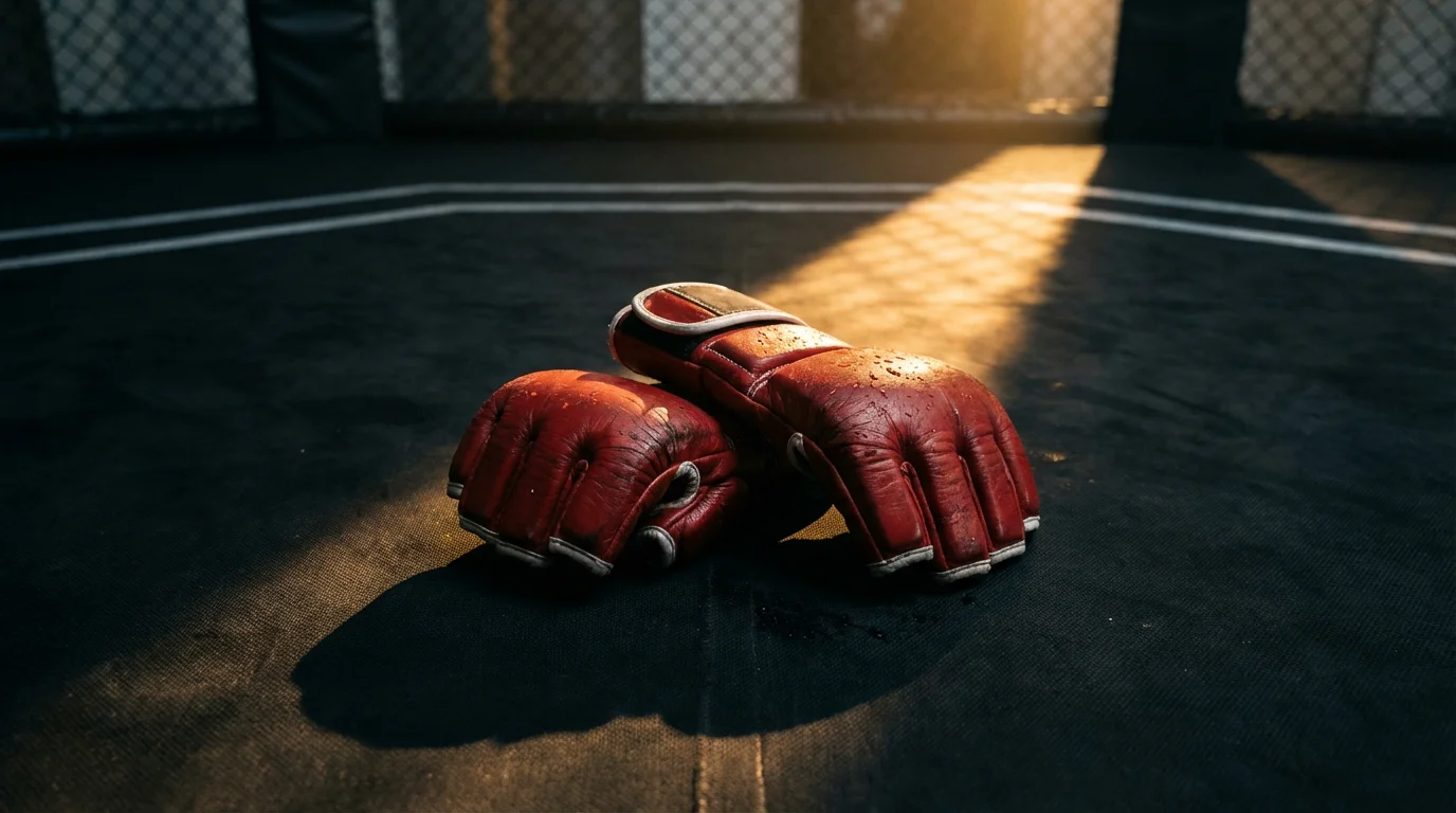 MMA-Handschuhe auf der Octagon-Matte neben leuchtenden Wettquoten-Symbolen