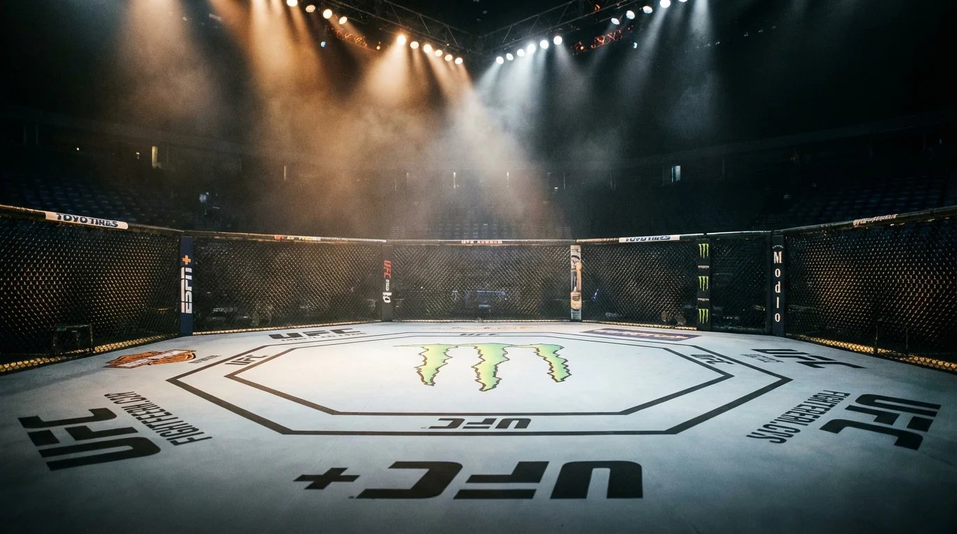 Leeres UFC Octagon in einer Arena mit dramatischer Beleuchtung, bereit für einen MMA-Kampf