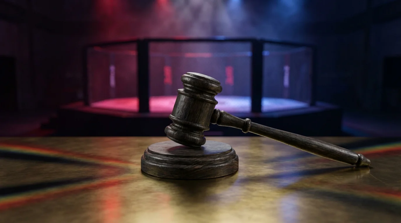 Richterhammer vor einem beleuchteten MMA-Octagon als Symbol für die UFC-Wetten-Rechtslage in Deutschland