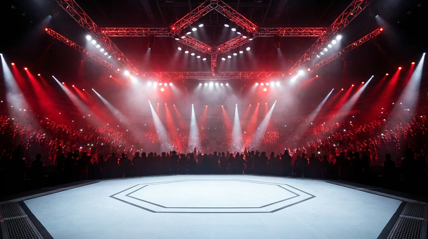 Beleuchtetes UFC-Octagon in einer vollen Arena mit dramatischer Beleuchtung vor dem Kampf