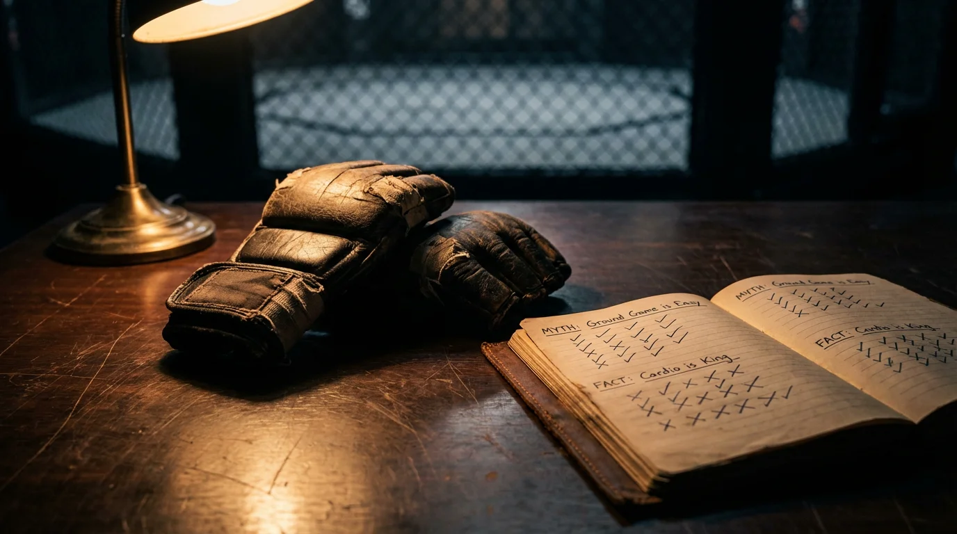 MMA-Handschuhe auf einem Tisch neben einem aufgeschlagenen Notizbuch mit Häkchen und Kreuzen als Symbol für entlarvte Mythen