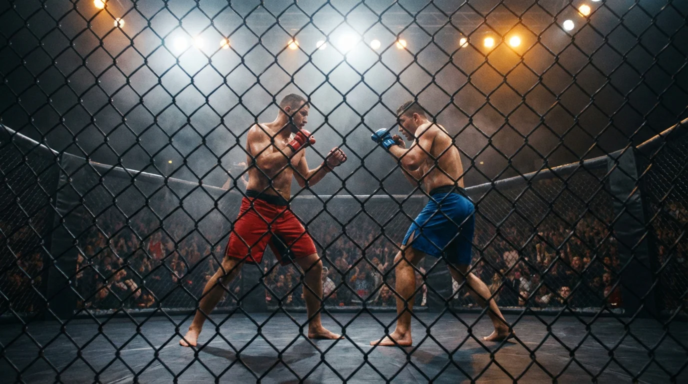 MMA-Kämpfer im Oktagon unter dramatischer Beleuchtung bei einem UFC-Kampfabend