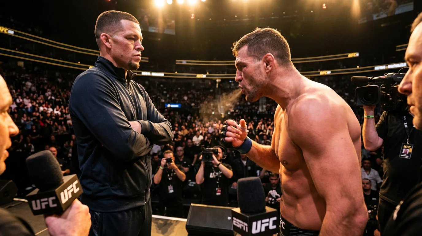 UFC-Kämpfer stehen sich beim Face-Off auf einer Pressekonferenz-Bühne gegenüber, intensive Atmosphäre mit dramatischer Beleuchtung