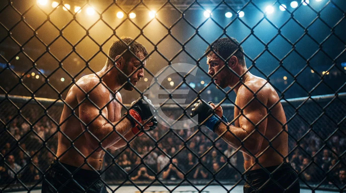 UFC-Kampf im Oktagon mit symbolischer Steuer-Thematik für deutsche MMA-Wetten