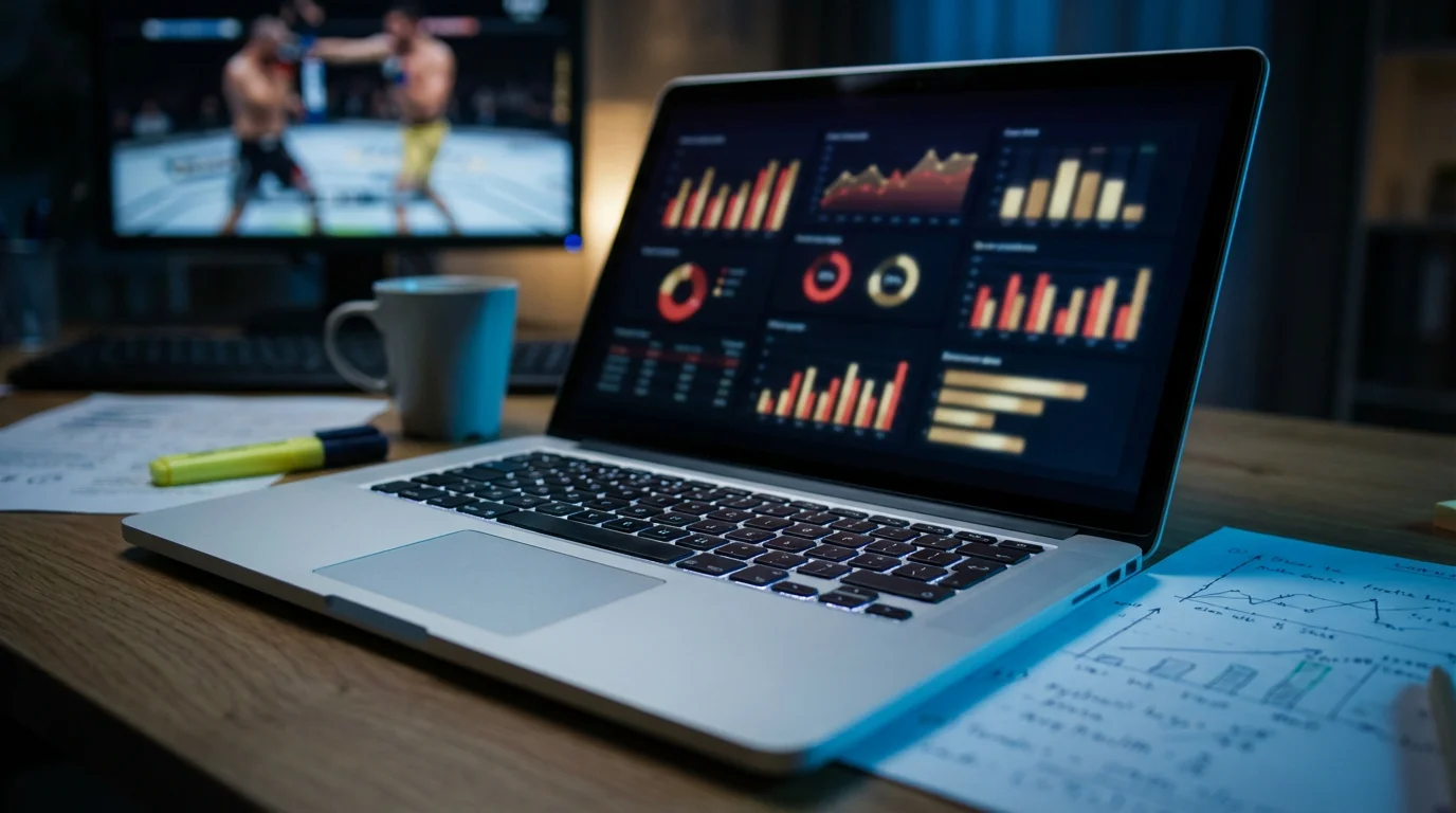 Laptop mit Kampfstatistiken und Datenanalyse für UFC Wetten Strategien