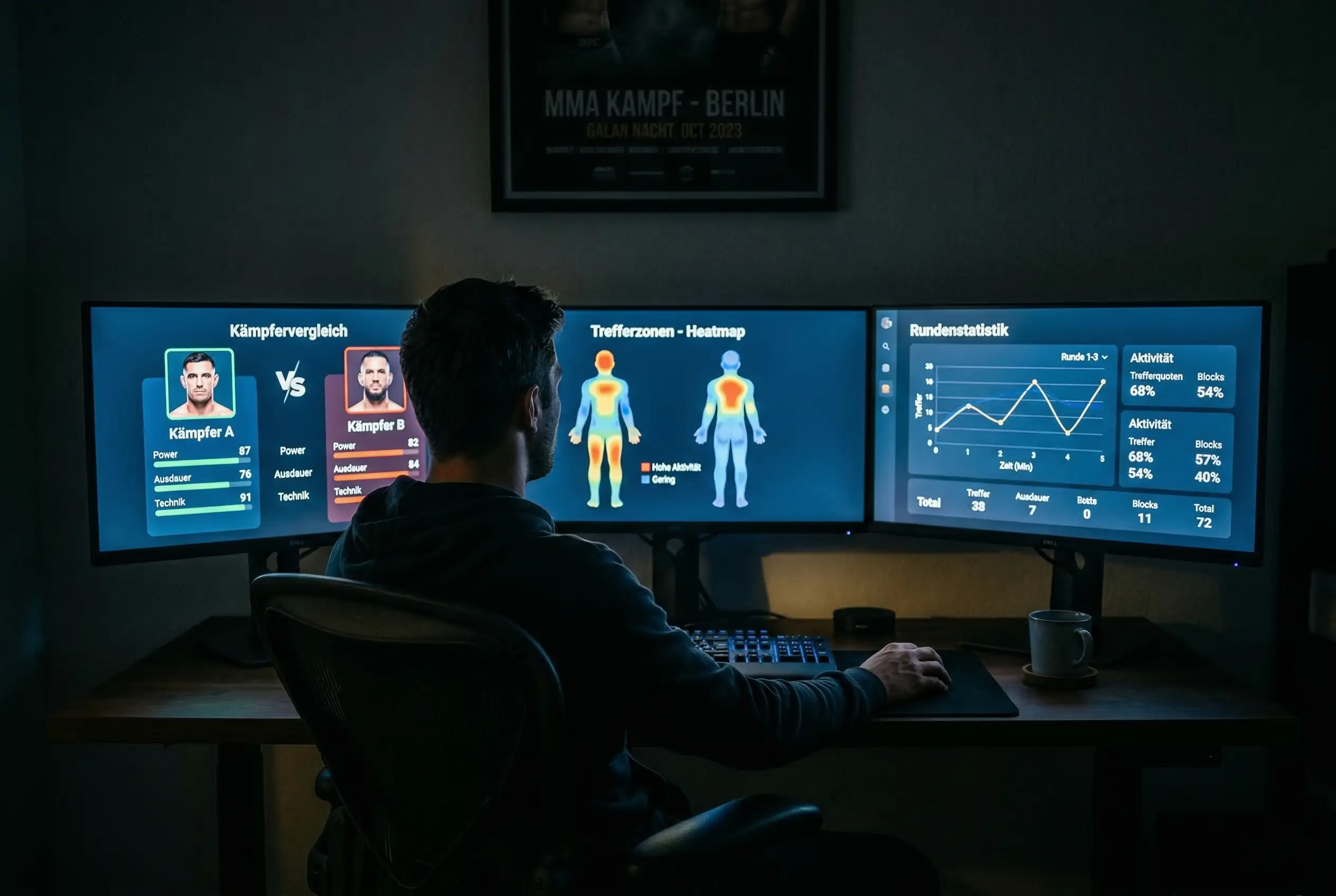 Konzentrierter MMA-Analyst studiert Kampfstatistiken auf mehreren Bildschirmen