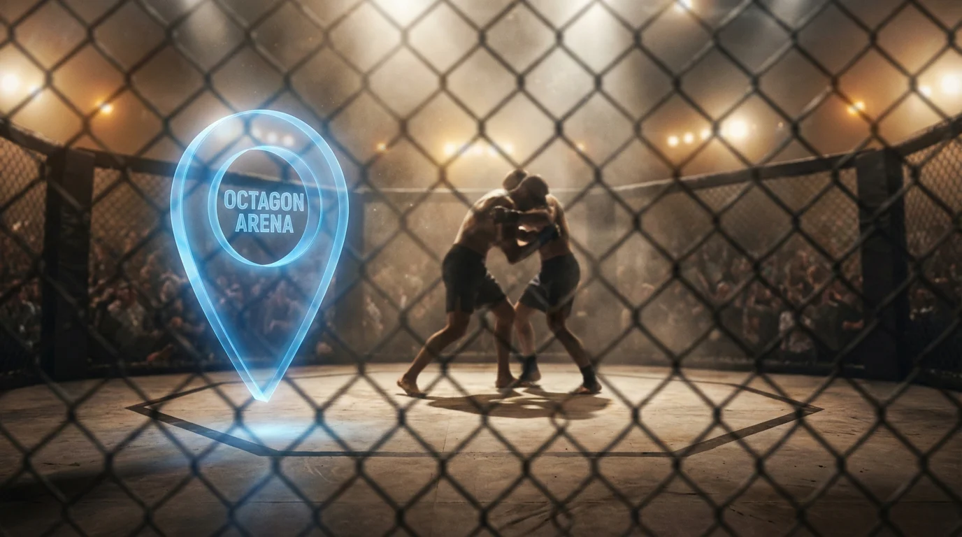 UFC-Kampfszene im Oktagon mit einem überlagerten Standort-Pin-Symbol als Metapher für Geo-IP-Filterung bei Sportwetten