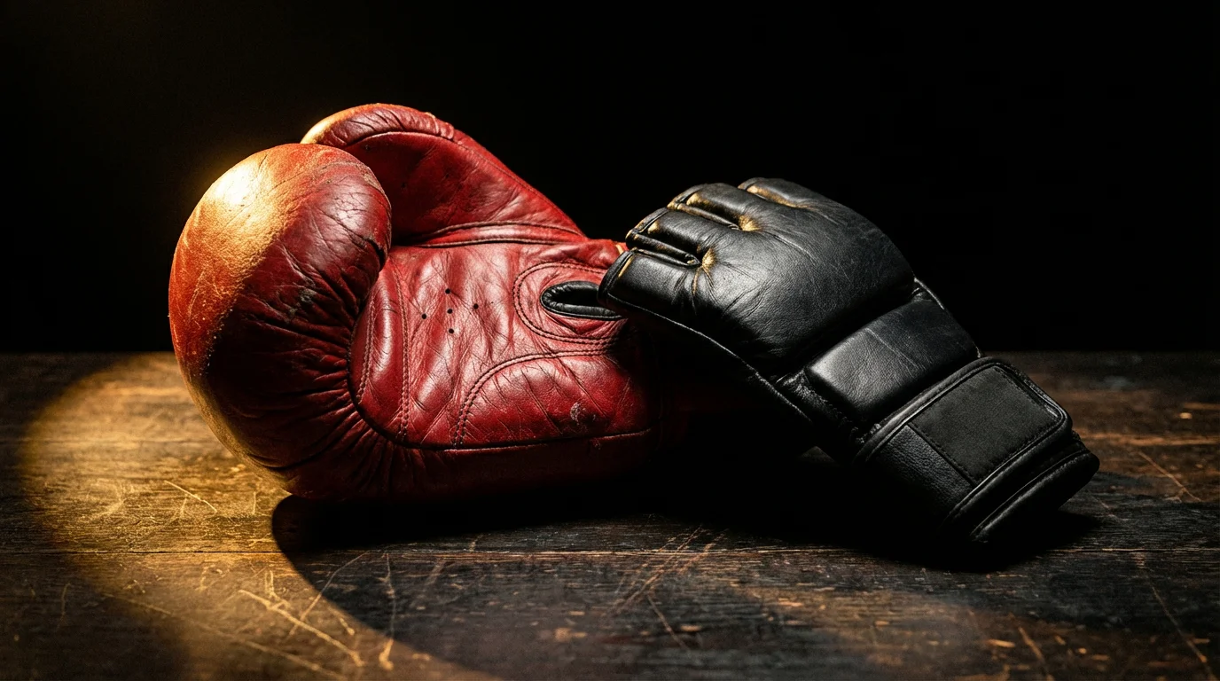Boxhandschuh und MMA-Handschuh nebeneinander auf einem dunklen Tisch, symbolisch für den Vergleich zwischen Boxwetten und UFC Wetten