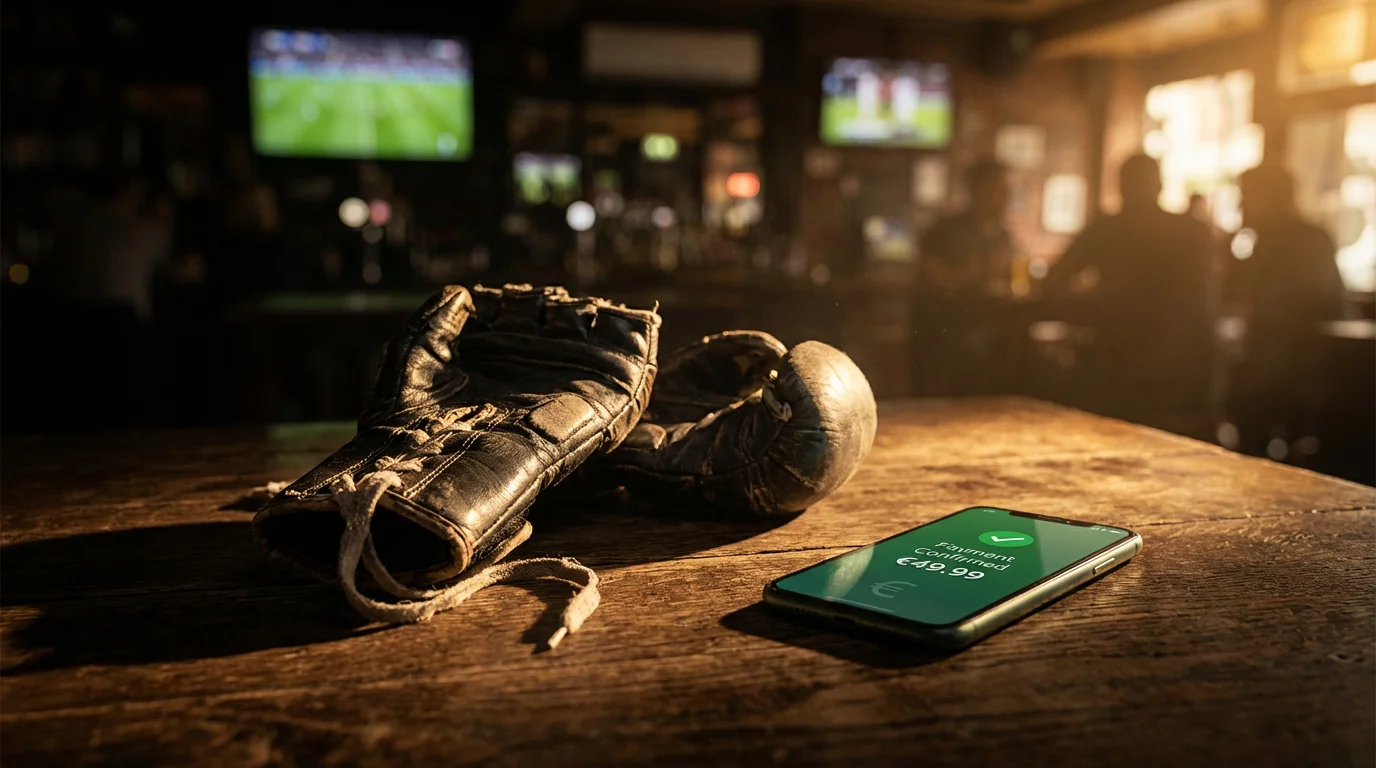 MMA-Handschuhe neben einem Smartphone mit Zahlungssymbolen auf einem dunklen Tisch, symbolisch für UFC Wetten Zahlungsmethoden